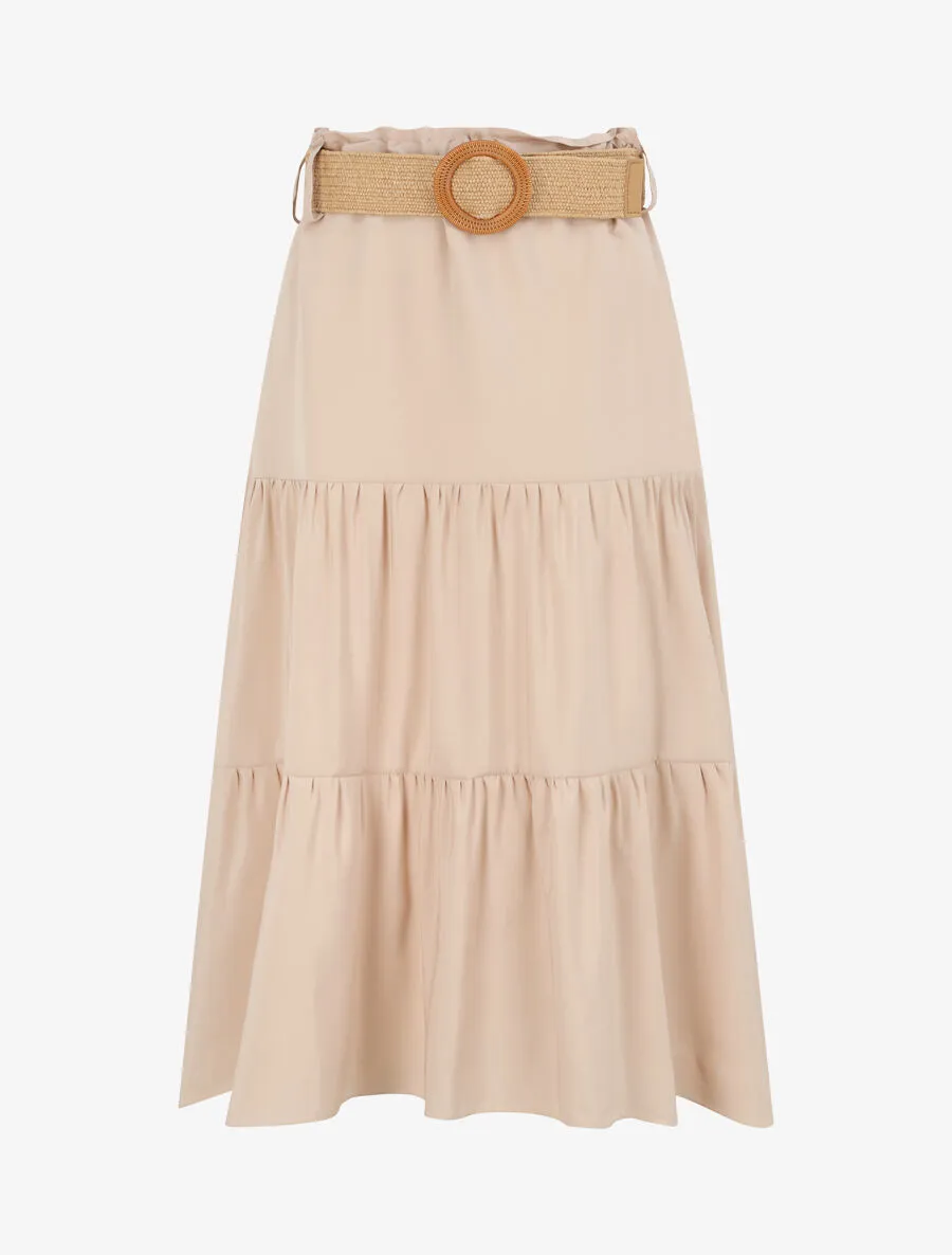 Jupe trapèze mi-longue à taille paper bag - Beige