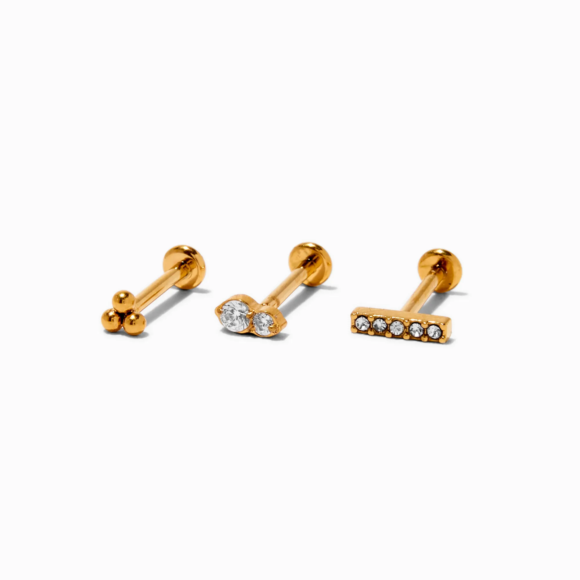 Piercings pour cartilage non filetés clous 0,8 mm en zircon cubique et titane couleur dorée - Lot de 3