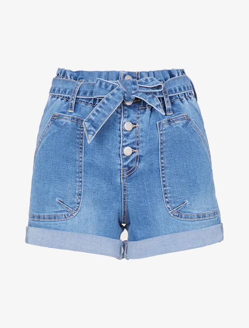 Short à taille empire et poches plaquées - bleu denim