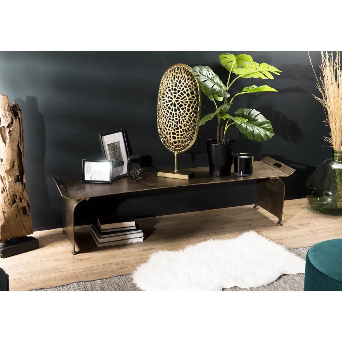 Table Basse Rectangulaire/Console Basse JONAS Aluminium Doré 163 X 40 Cm | 3 Suisses